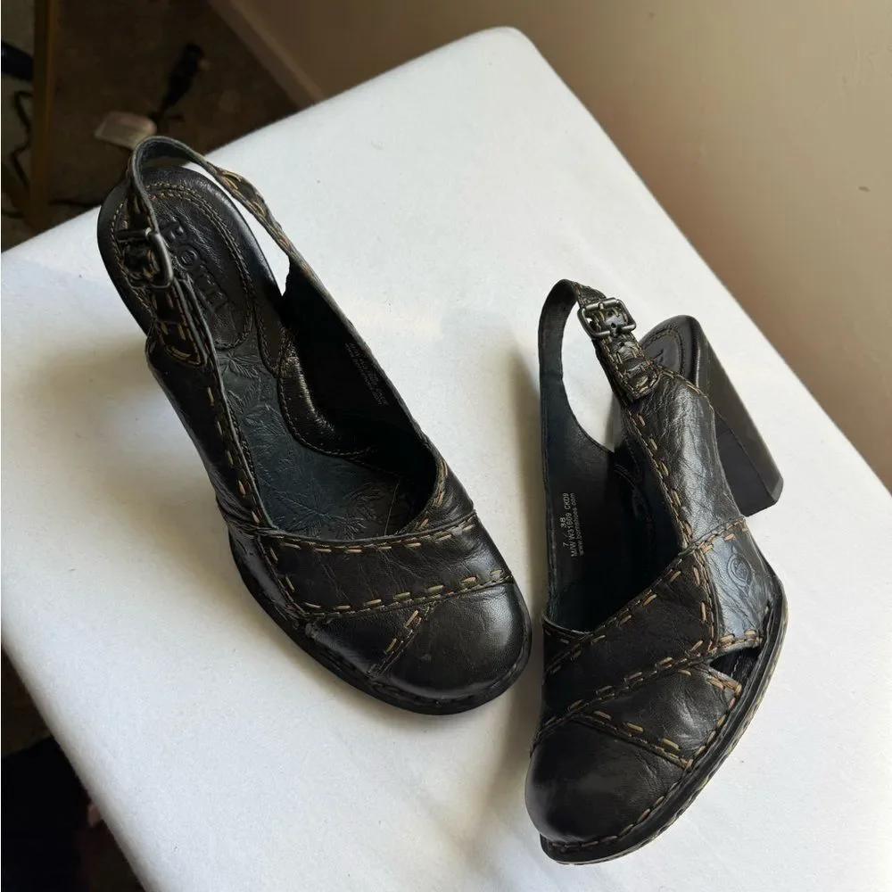 Y2K 2000s Born Black Leather Slingback Heels with Tan Contrast Stitching Size 7